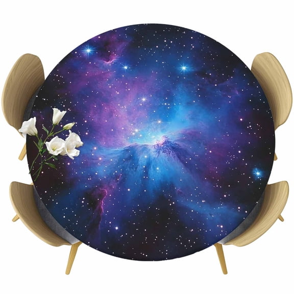 Blue Purple Clouds Table Cloth, Round Fitted Tablecloths with Elastic Edge, Modern Abstract Stars Sky Wipeable Waterproof Table Cover for Kitchen Wedding 55-60 Inches