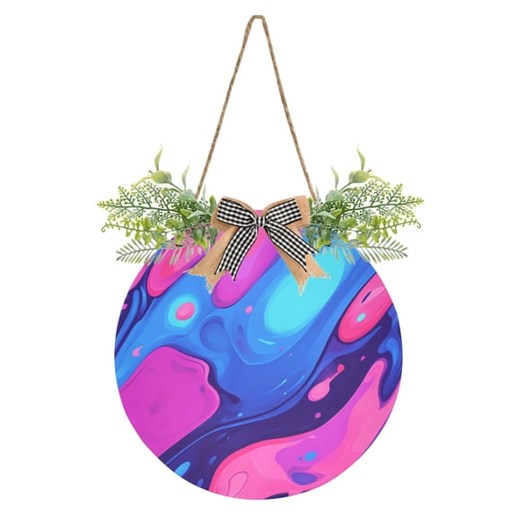 Blue Purple Color Flow Front Door Porch Decoration Hanging Sign with Artificial Green Plants and Bow for Home Outdoor Indoor