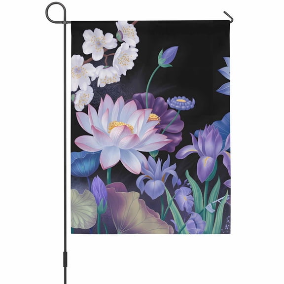 Blue Purple Colorful Lotus House Flags For Outdoor, Vintage Flower Leaves Plant Watercolor Small Double Side Yard Flags Weather Proof House Decor for Lawn Outside Holiday 28 x 40 Inches