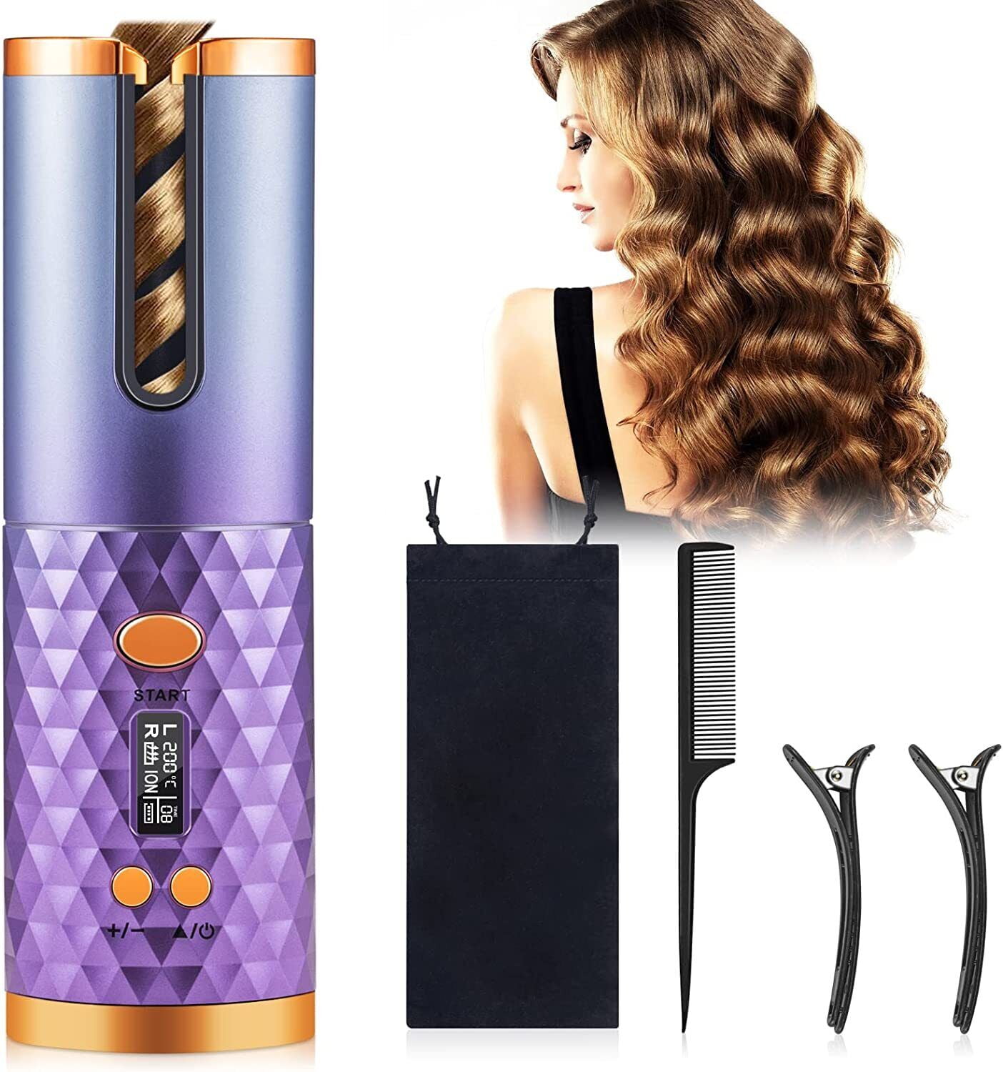 Blue & Purple Cordless Auto Rotating Hair Curler LCD Ceramicair Curler