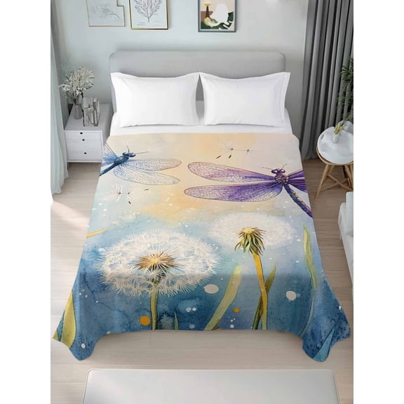 Blue Purple Dragonfly King Size Flat Sheet, Wrinkleproof & Fadeproof Cooling Flat Bed Sheet Only, Spring Floral Watercolor Breathable Soft Bedding Top Sheets 105 x 98 Inches