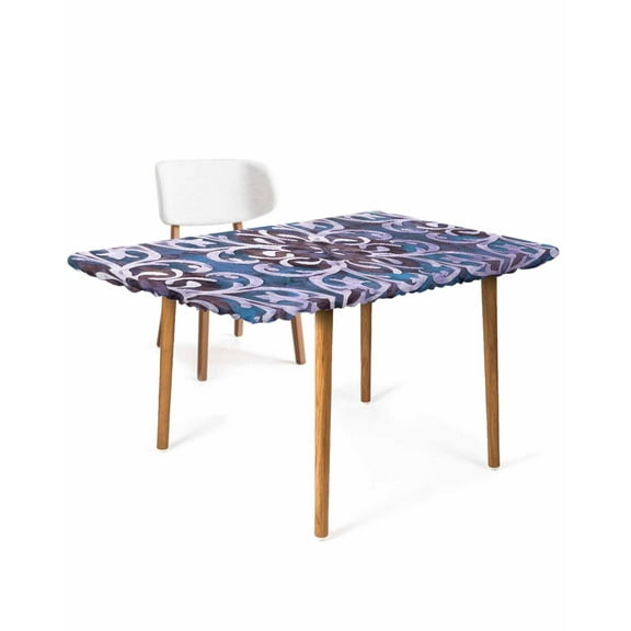 Blue Purple Ethnic Rectangle Tablecloth, Waterproof Elastic Fitted Table Covers for 3 Foot Tables, 24x36inch Decorative Tablecloths for Picnic, Camping, Outdoor, Rustic Boho Flowers Impressionist