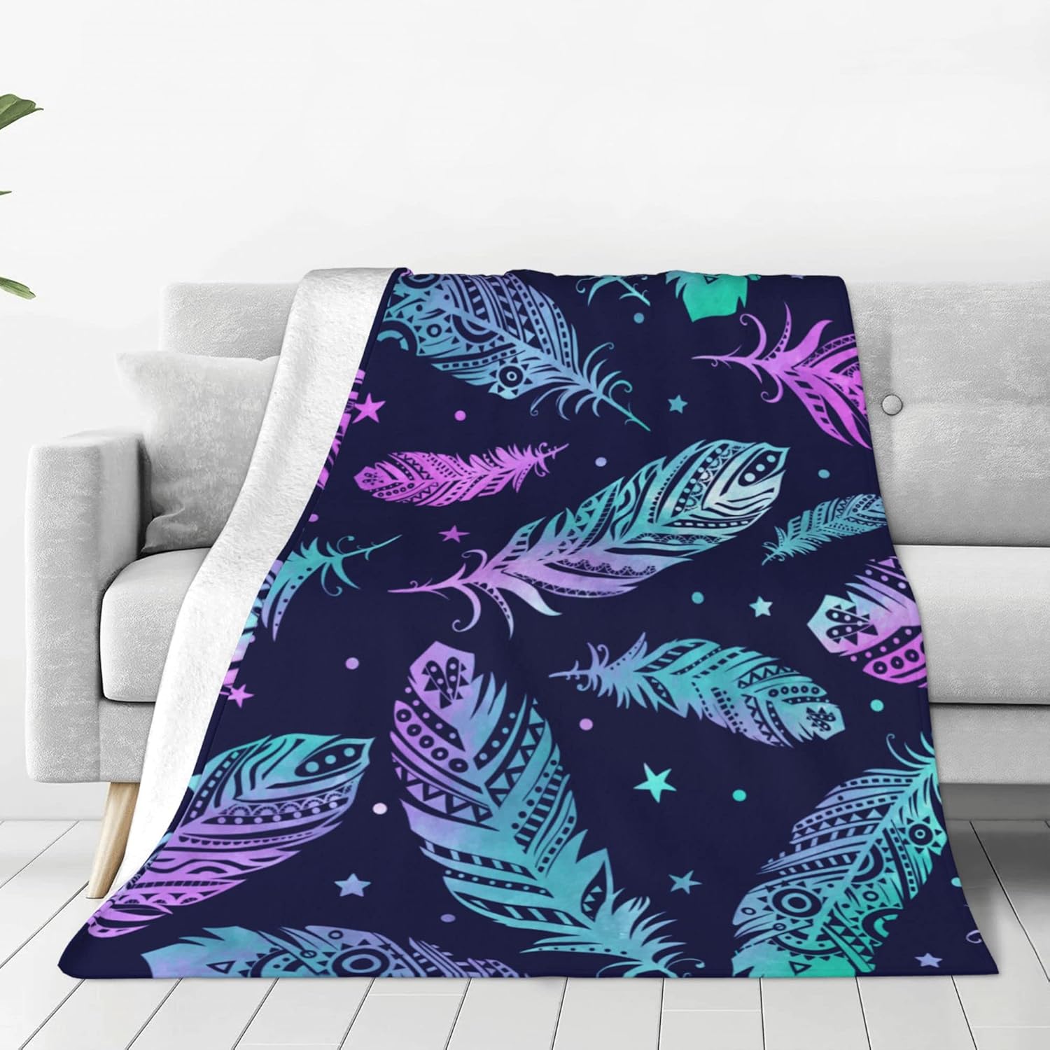 BluePurple Feather Blanket for Couch Bed Throw Blanket, Aesthetic