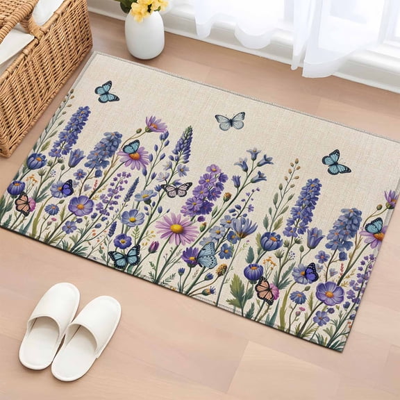 Blue Purple Floral 2'x3' Rug for Entryway Front Door Kitchen Sink Area, Spring Lavender Wildflowers Blue Butterfly Botanical Linen Texture Low Pile Non Slip Rectangle Area Rug, Machine Washable Mat