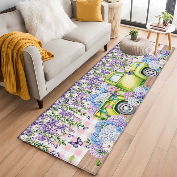 Blue Purple Floral 2'x6' Runner Rugs for Hallway Kitchen Bedside Non Slip, Spring Hydrangea Flower Truck Pink Plaid Entryway Rug Runners with Rubber Backing, Long Carpet Runner for Laundry Room