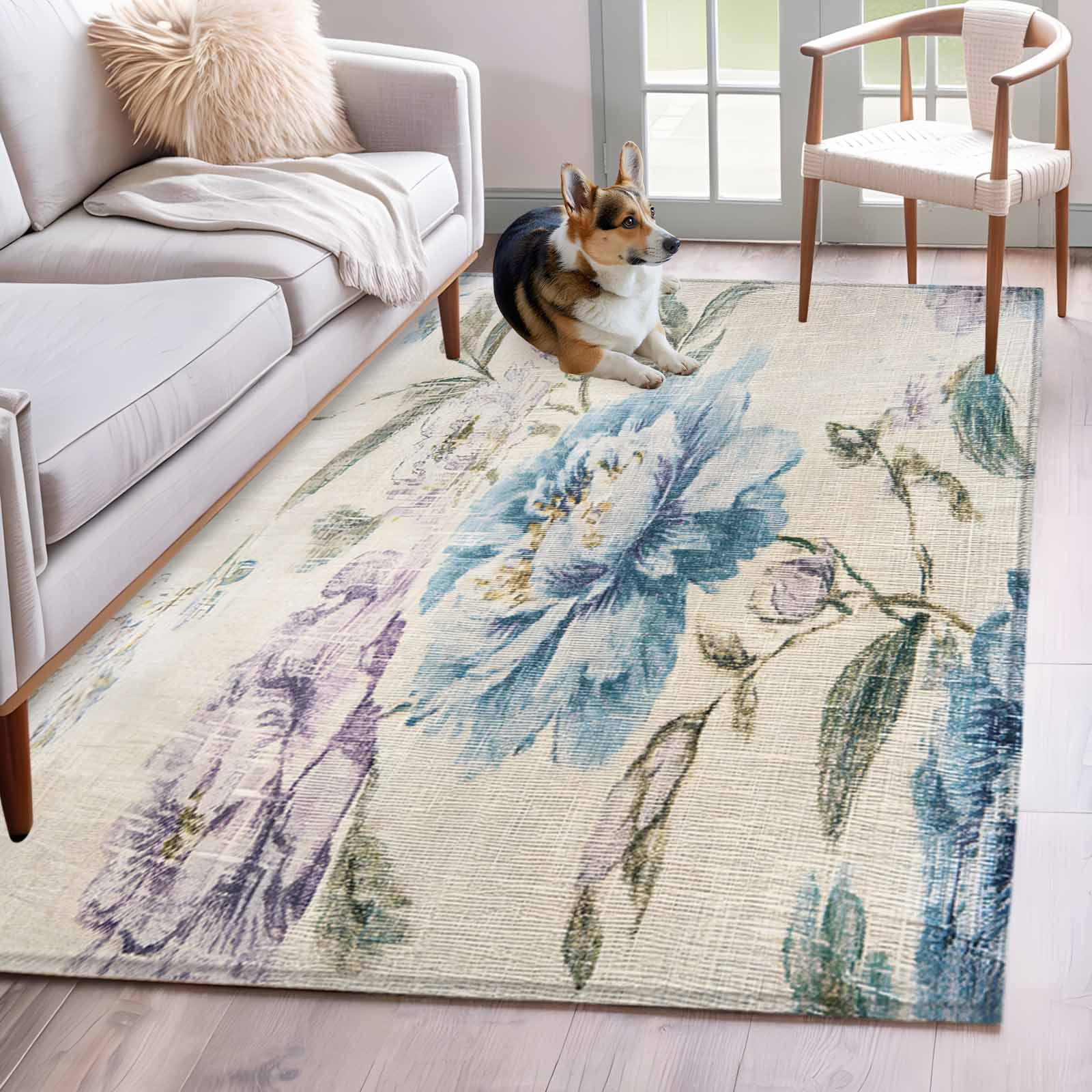 Blue Purple Floral Area Rug 3x5 Washable Rug Non Slip Vintage Botanical ...