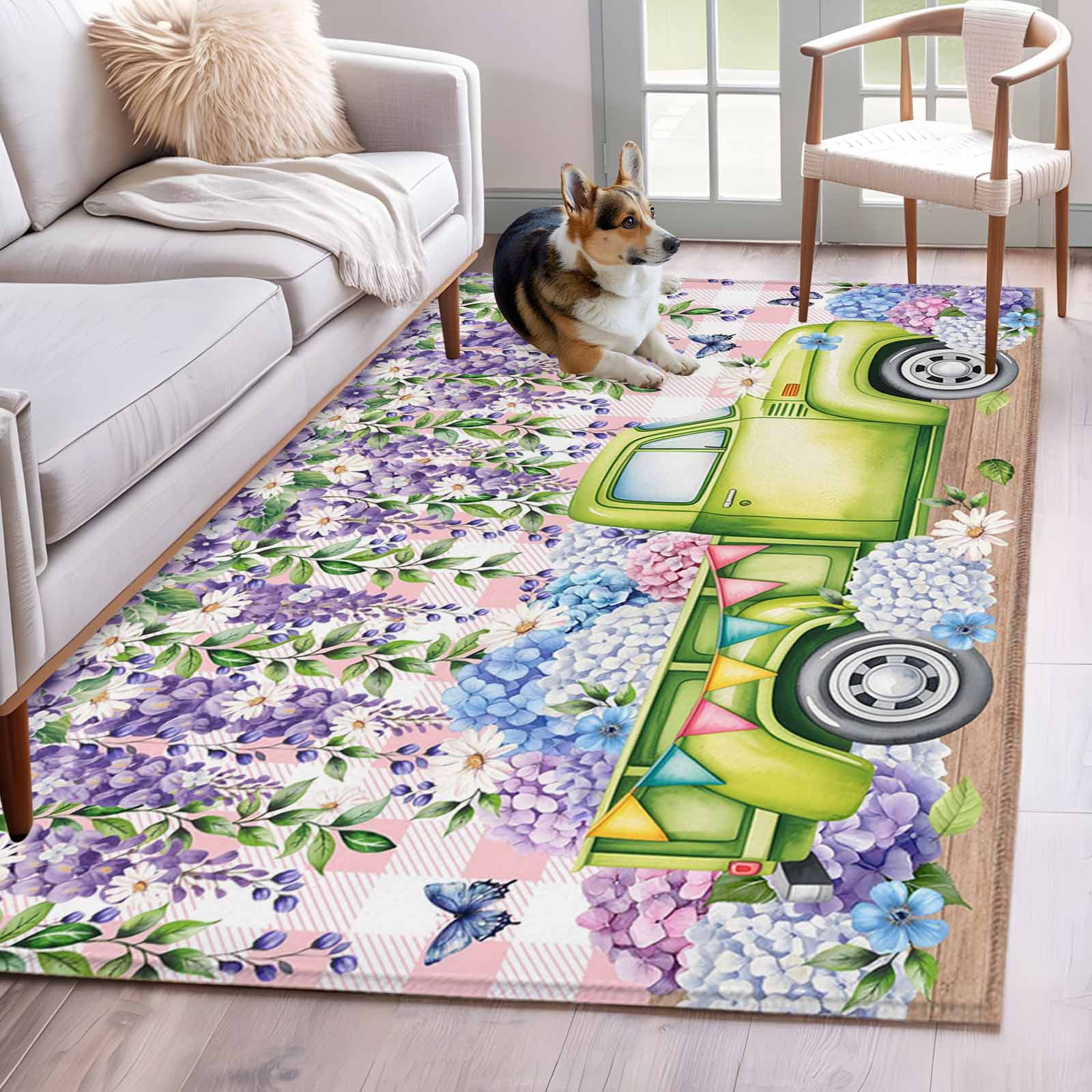 Blue Purple Floral Area Rug 4x6 Washable Rug Non Slip Spring Hydrangea ...