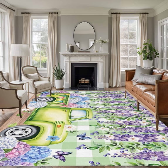 Blue Purple Floral Area Rugs 5'x8', Washable Small Throw Rugs for Classroom Bedroom, Spring Hydrangea Flower Truck Green Plaid Indoor Outdoor Rug Non-Slip Low Pile Carpet Runner Reversible Floor Mats