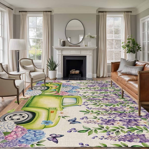 Blue Purple Floral Area Rugs 6'x9', Washable Small Throw Rugs for Kitchen Dining room, Spring Vintage Hydrangea Flower Truck Indoor Outdoor Rug Non-Slip Low Pile Carpet Runner Reversible Floor Mats