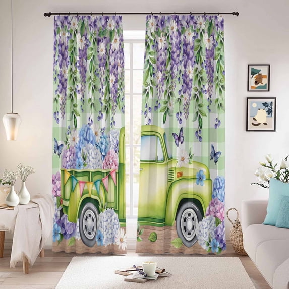 Blue Purple Floral Blackout Curtains for Bedroom/Living Room, Pinch Pleated Black Out Curtains, Spring Hydrangea Flower Truck Green Plaid Room Darkening Window Drapes with Hooks 2 Panels, 39"x70"