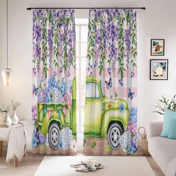 Blue Purple Floral Blackout Curtains for Bedroom/Living Room, Pinch Pleated Black Out Curtains, Spring Hydrangea Flower Truck Pink Plaid Room Darkening Window Drapes with Hooks 2 Panels, 59"x70"