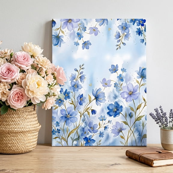 Blue Purple Floral Canvas Wall Art, Rustic Watercolor Flower Botanical Green Leaf Pictures Wall Decor Wooden Framed Artwork Art Prints for Living Room Hallway Bedroom Office 11"x14"