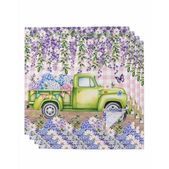 Blue Purple Floral Cloth Napkins Set of 4 Reusable Dinner Napkins, Spring Hydrangea Flower Truck Pink Plaid Cocktail Napkin Washable Table Napkins for Wedding/Holiday Party/Baby Shower 20"x20"