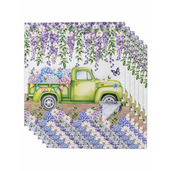 Blue Purple Floral Cloth Napkins Set of 6 Reusable Dinner Napkins, Spring Country Hydrangea Flower Truck Cocktail Napkin Washable Table Napkins for Wedding/Holiday Party/Baby Shower 20"x20"