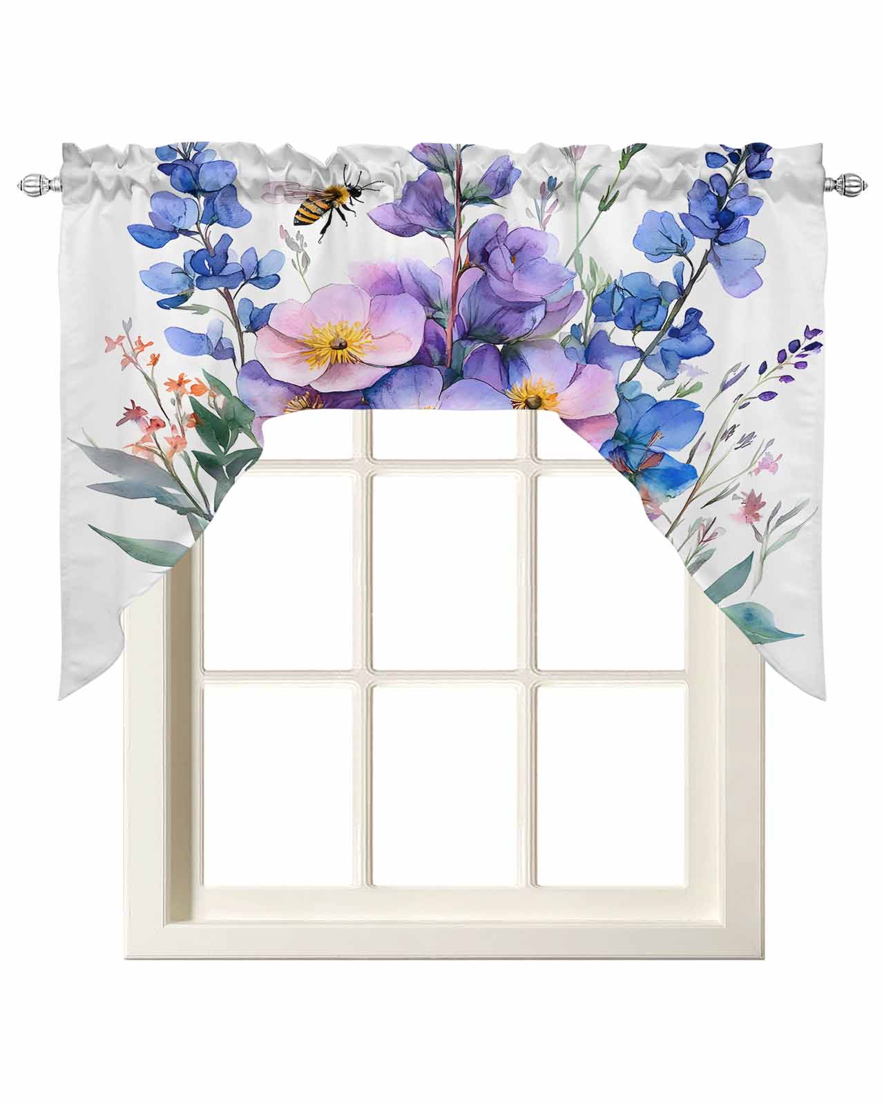 Blue Purple Floral Kitchen Swag Valances for Windows, Spring Flowers ...
