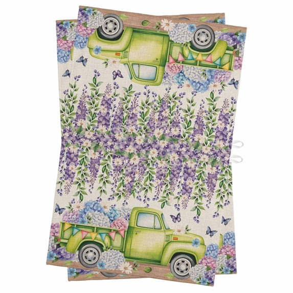 Blue Purple Floral Kitchen Towels Set of 2, Water Absorbent Dish Towel, Spring Vintage Hydrangea Flower Truck Decorative Hand Towels - Quick Drying Cloth for Cooking Baking, 18x28 Inch