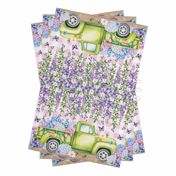 Blue Purple Floral Kitchen Towels Set of 3, Water Absorbent Dish Towel, Spring Hydrangea Flower Truck Pink Plaid Decorative Hand Towels - Quick Drying Cloth for Cooking Baking, 18x28 Inch