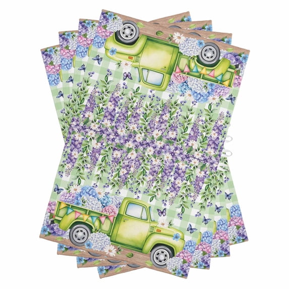 Blue Purple Floral Kitchen Towels Set of 4, Water Absorbent Dish Towel, Spring Hydrangea Flower Truck Green Plaid Decorative Hand Towels - Quick Drying Cloth for Cooking Baking, 18x28 Inch