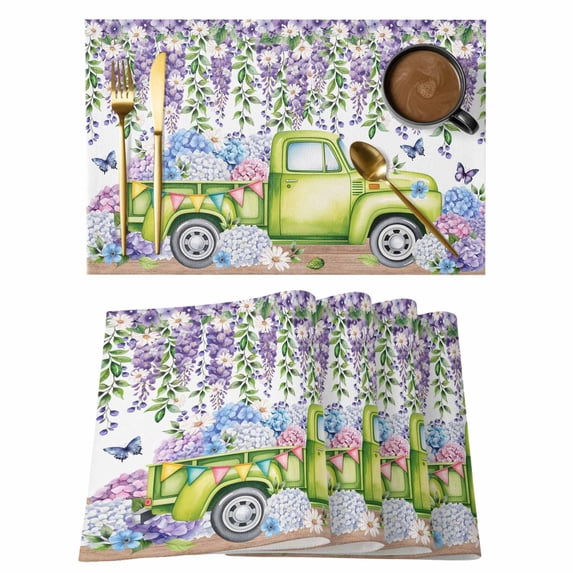 Blue Purple Floral Placemats Set of 6, Spring Country Hydrangea Flower Truck Placemats for Dining Table, Place Mats for Kitchen Tabletop, Waterproof Wipeable Dining Table Mats Set