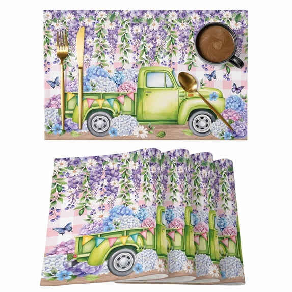 Blue Purple Floral Placemats Set of 6, Spring Hydrangea Flower Truck Pink Plaid Placemats for Dining Table, Place Mats for Kitchen Tabletop, Waterproof Wipeable Dining Table Mats Set