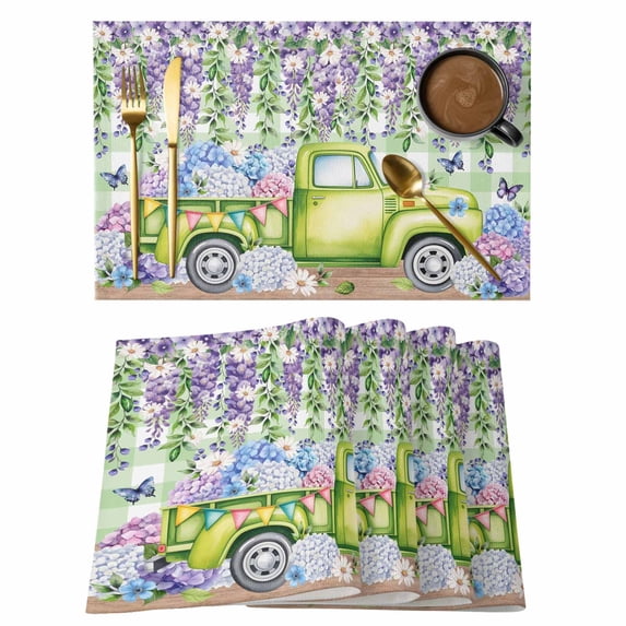 Blue Purple Floral Placemats Set of 8, Spring Hydrangea Flower Truck Green Plaid Placemats for Dining Table, Place Mats for Kitchen Tabletop, Waterproof Wipeable Dining Table Mats Set