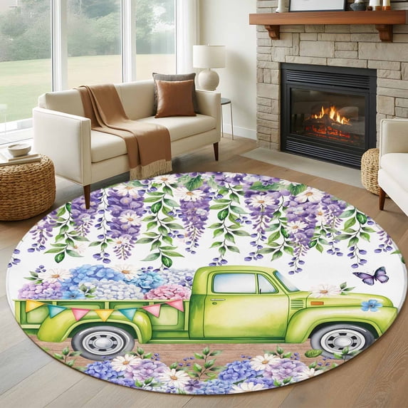 Blue Purple Floral Round Area Rug 6Ft Washable Circle Rugs for Bathroom Office, Spring Country Hydrangea Flower Truck Non-Slip Carpet Floor Mats Indoor Outdoor Carpet Runner Aesthetic Home Decor
