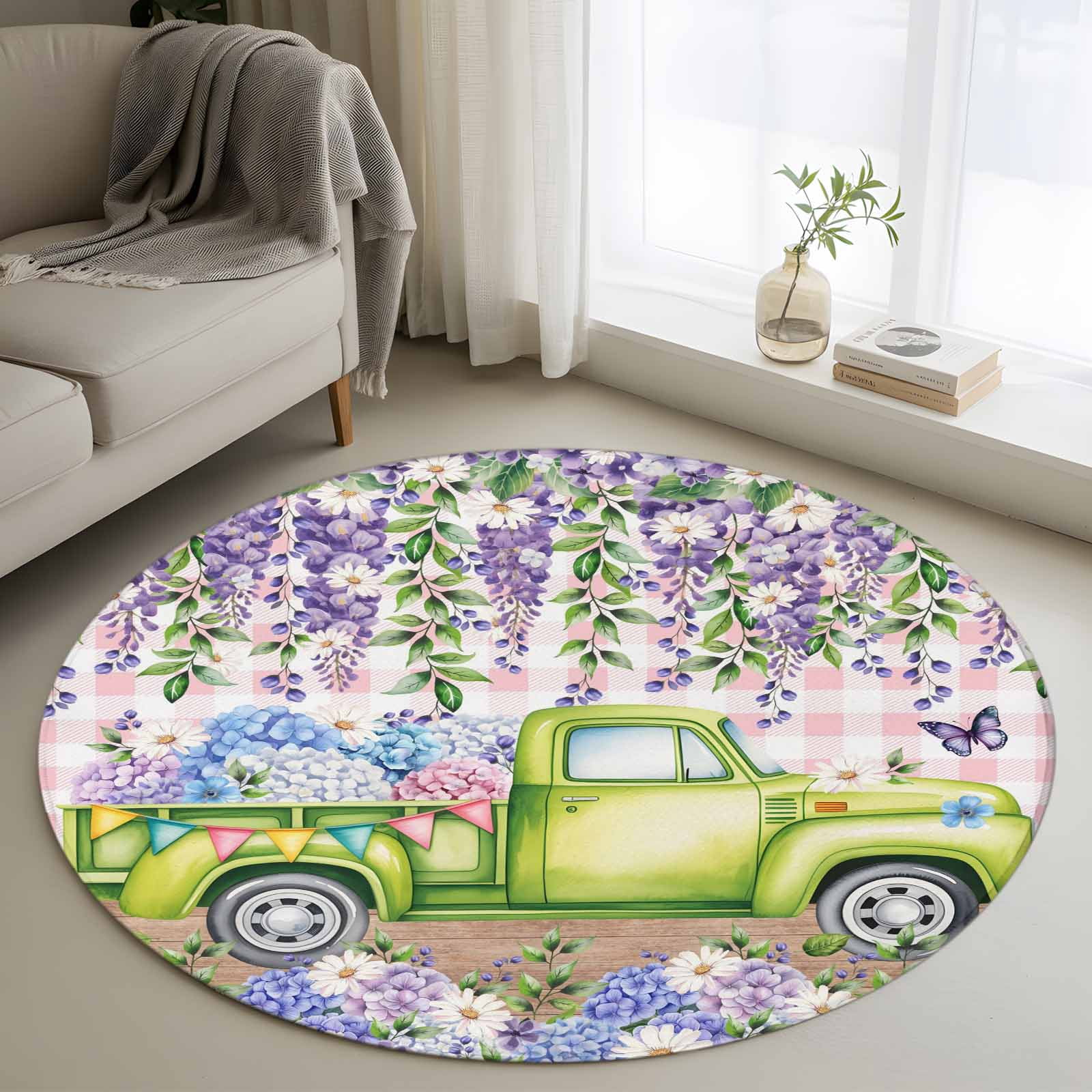 Blue Purple Floral Round Rug 3ft Washable Circle Entryway Rugs Non Slip ...