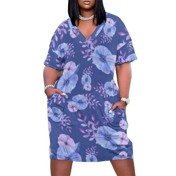 Blue Purple Floral Seamless Pattern Women's Loose Short Sleeve Dress Casual Summer Plus Size Long Dresses with Pockets