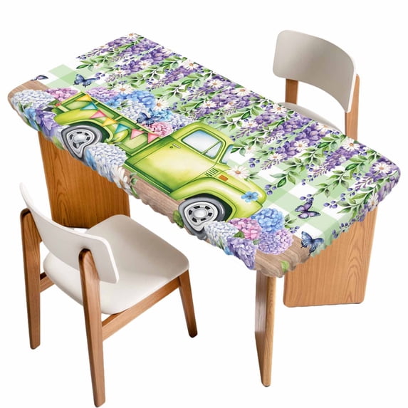 Blue Purple Floral Table Cloths for 3 Foot Rectangle Tables, Spring Hydrangea Flower Truck Green Plaid Patio Waterproof Elastic Fitted Tablecloths, Washable Rectangular Table Cover for Camping