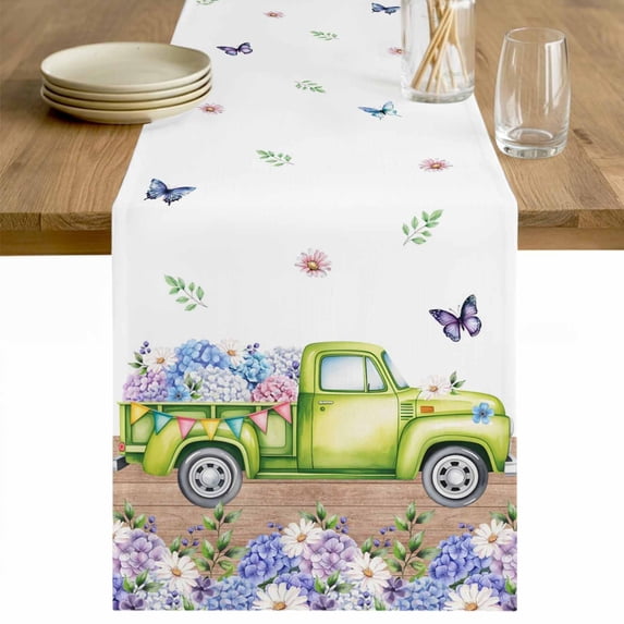 Blue Purple Floral Table Runner - 60 Inch Long Spring Country Hydrangea Flower Truck Cotton and Linen Blended Dress Scarves Farmhouse Table Runner for Kitchen Dining, Coffee Table, 13" x 60"