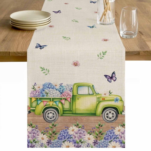 Blue Purple Floral Table Runner - 60 Inch Long Spring Vintage Hydrangea Flower Truck Cotton and Linen Blended Dress Scarves Farmhouse Table Runner for Kitchen Dining, Coffee Table, 13" x 60"