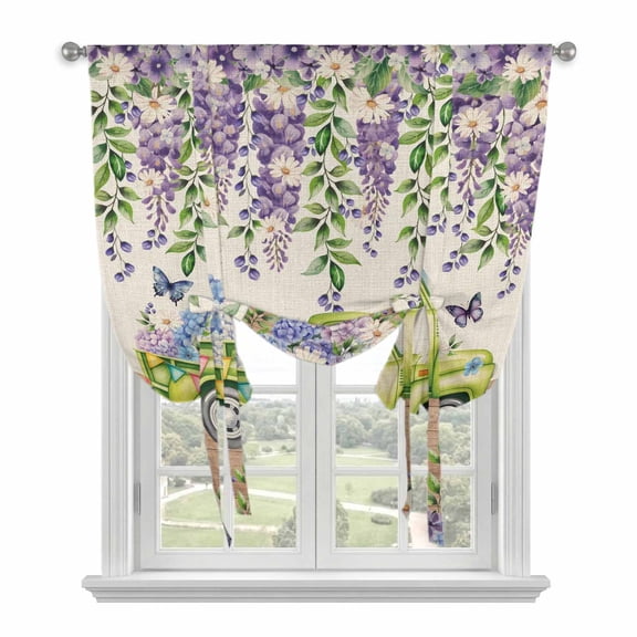 Blue Purple Floral Tie Up Curtains 45 Inches Long, Kitchen Window Curtains Over Sink, Spring Vintage Hydrangea Flower Truck Small Window Curtains Shade Balloon Curtains Valances for Bedroom 34"x45"