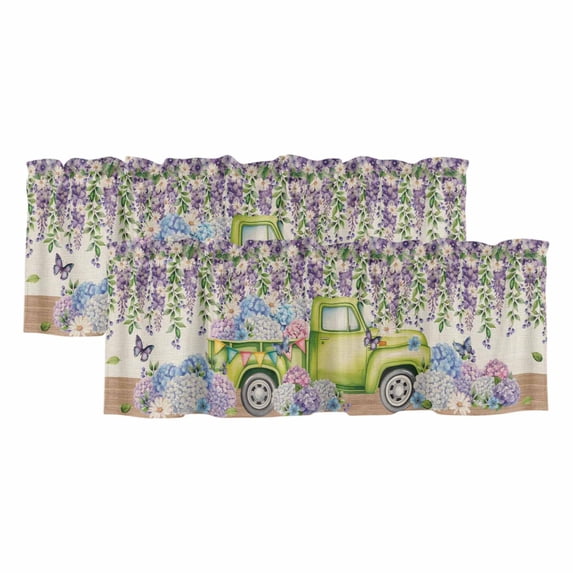 Blue Purple Floral Valances for Windows, Decorative Rod Pocket Window Valance Curtains, Spring Vintage Hydrangea Flower Truck Short Curtain Drapes for Kitchen/Living Room, 2 Panels, 60" W x 18" L