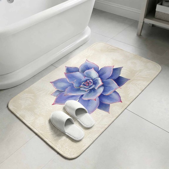 Blue Purple Flower Bathroom Rugs Non Slip Washable Bath Mat Absorbent Front Door Mat Succulents Ferns Abstract Watercolor Indoor Doormat for Kitchen Entryway Shower Decor Accessories 15.7"x23.6"