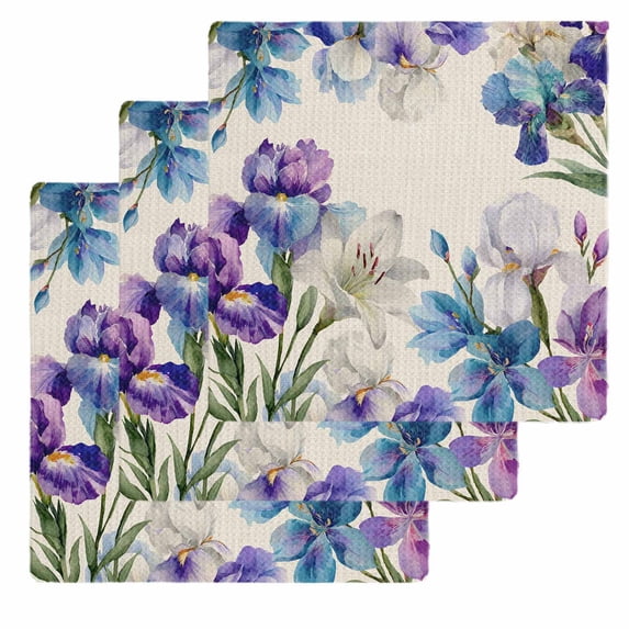 Blue Purple Flowers Kitchen Dish Towels for Drying Dishes Set of 3, Spring Seasonal Botanical Florals Waffle Weave Microfiber Hand Tea Bathroom Towels Quick Dry & Absorbent Towel 12x12