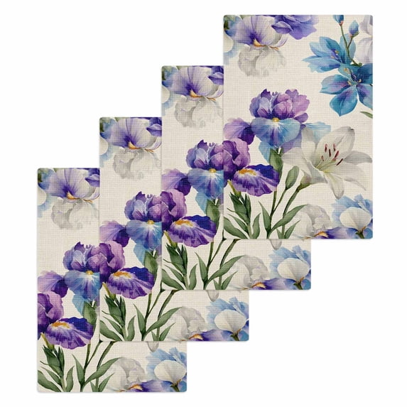 Blue Purple Flowers Kitchen Dish Towels for Drying Dishes Set of 4, Spring Seasonal Botanical Florals Waffle Weave Microfiber Hand Tea Bathroom Towels Quick Dry & Absorbent Towel 15.7x23.6
