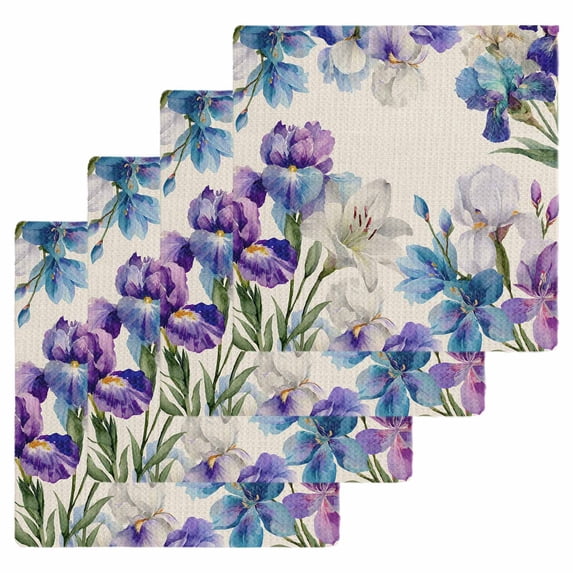 Blue Purple Flowers Kitchen Dish Towels for Drying Dishes Set of 4, Spring Seasonal Botanical Florals Waffle Weave Microfiber Hand Tea Bathroom Towels Quick Dry & Absorbent Towel 12x12