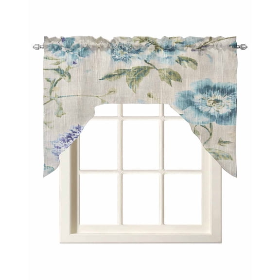 Blue Purple Flowers Kitchen Swag Valances for Windows, Retro Floral Burlap Texture Swag Valances Curtains for Living Room, Rod Pocket Window Treatments for Bathroom, Bedroom, Cafe, 56"x36"