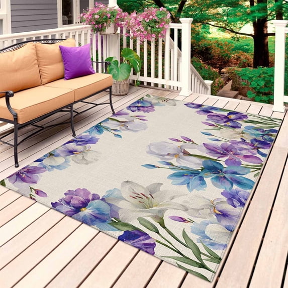 Blue Purple Flowers Outdoor Rug 6x9 Ft, Non Slip Washable Area Rug, Spring Seasonal Botanical Florals Patio Rugs Carpet Runner, Large Floor Mat for Indoor/Outdoor Deck Porch Camping