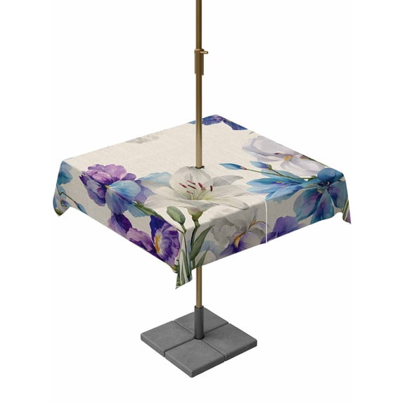 Blue Purple Flowers Outdoor Tablecloth - 60x60 Inch Square Dining Table Cover, Spring Seasonal Botanical Florals Waterproof Outdoor Table Cloth with Umbrella Hole & Zipper for Picnic/Patio/Party