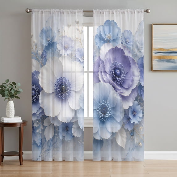 Blue Purple Flowers Sheer Curtains 84 Inch Length 2 Panels Set, Modern Chic Floral Leaves Voile Window Treatment Rod Pocket Curtains Sheers Drapes for Bedroom/Living Room/Kitchen 52"x84"x2