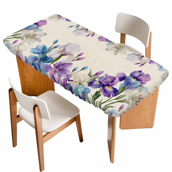 Blue Purple Flowers Table Cloths for 4 Foot Rectangle Tables, Spring Seasonal Botanical Florals Patio Waterproof Elastic Fitted Tablecloths, Washable Rectangular Table Cover for Camping