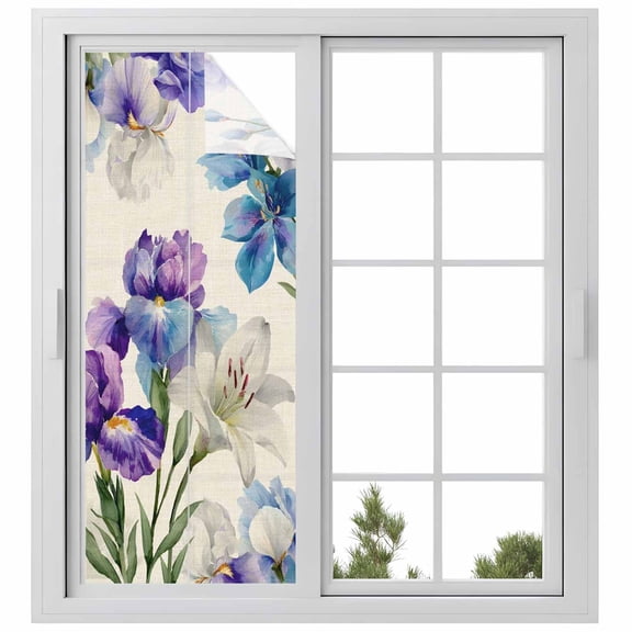 Blue Purple Flowers Window Privacy Film, Spring Seasonal Botanical Florals Static Cling UV Sun Blocking Heat Control Window Tint Day and Night, Non-Adhesive One Way Windows Privacy Cover 23.6''x59''