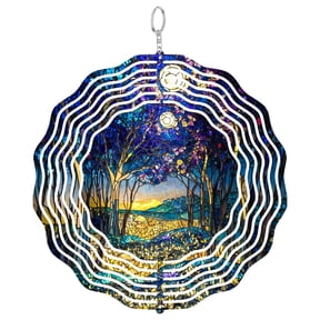 Blue Purple Forest Landscape 3D Wind Spinner, Moon Garden Decor