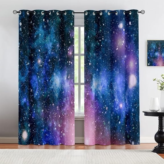 Blue Purple Galaxy Blackout Curtains, Outer Space Universe Starry Sky Planets Curtains for Kids Bedroom, Fantasy Starry Window Curtains for Teen Room 42"W x 84"L (Pack of 2)