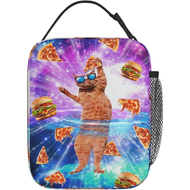 Blue Purple Galaxy Cat Pizza Hamburger Insulated Lunch Box For
