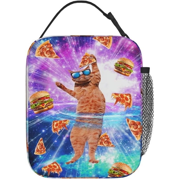 Blue Purple Galaxy Cat Pizza Hamburger Insulated Lunch Box for Women Men, Portable Lunch Bag Reusable Cooler Tote for Office Work Travel Picnic Camping Beach