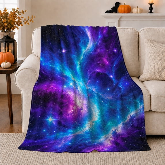 Blue Purple Galaxy Flannel Blanket with Bright Nebula Stars Cosmic Cloud Vivid Bold Deep Space Art, Teens Sofa Bedroom Dorm Reading Nook Home Decor, Astronomy Gift