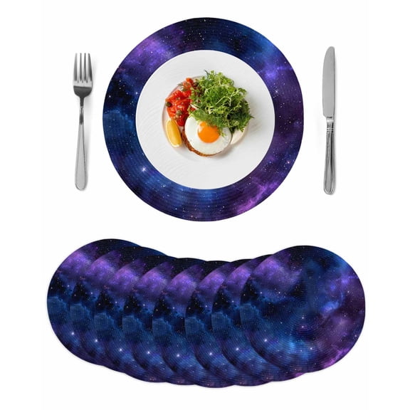 Blue Purple Galaxy Stars Round Table Placemats set of 8, Space Universe Themed Washable Woven Place Mats for Dining Tables Kitchen Party Decor,Heat Proof, 13in,