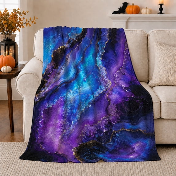 Blue Purple Geode Galaxy Abstract, Dramatic Modern Style for Abstract Art Lovers, Cosmic Stone Pattern and Housewarming Gift, Soft Flannel Blanket for Bedroom and Living Room, Home Decor